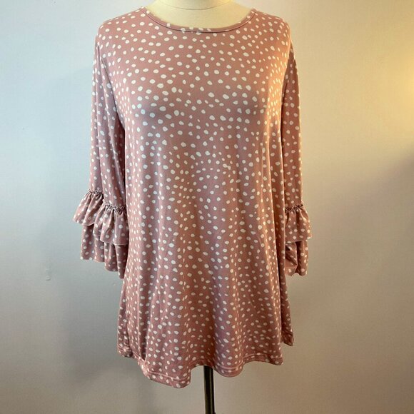 Dainty Jewells Women's Pink Polka Dot 3/4 Ruffle Sleeve Pullover Top - Size XL - Picture 1 of 4